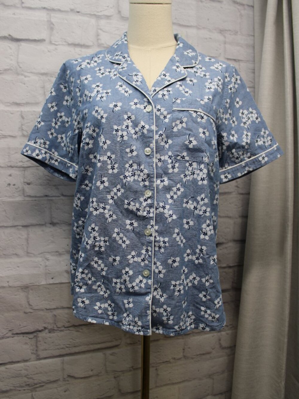 Lands' End Small Light Blue Floral Button Front Short Sleeve Pajama Top